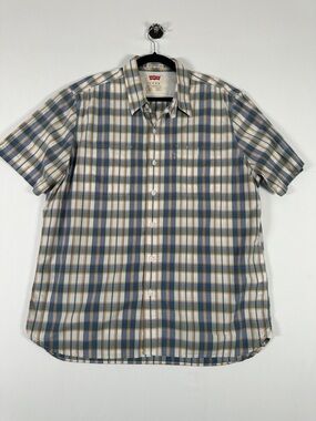 Levi’s Plaid Button Down Shirt Short Sleeve Cotton Blue Beige Standard Fit XL